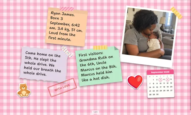 Baby book page for week one: a photo of mother and newborn, notes about first visitors, a calendar