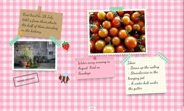 Balcony garden page: a photo of cherry tomatoes, harvest notes, a bee sticker and a Home grown stamp