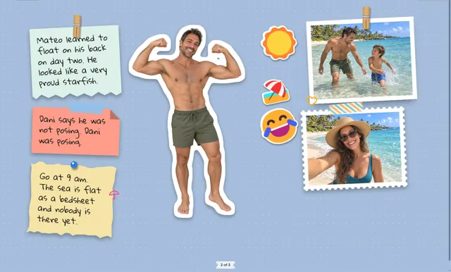 Holiday scrapbook page with beach photos, notes about the day and a sun sticker