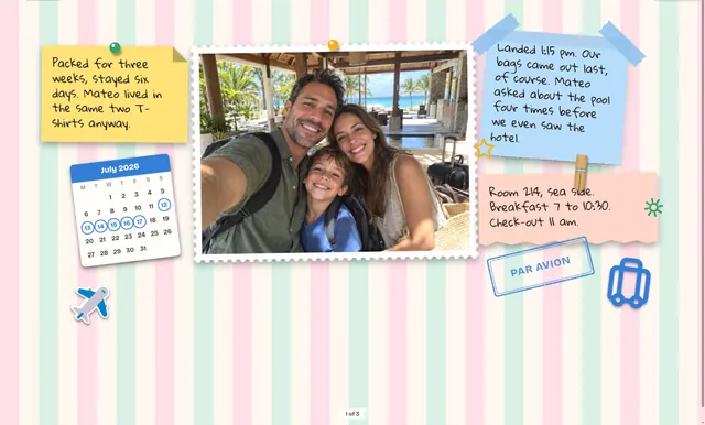 A finished holiday page: a family photo, a boarding note, a calendar with the trip circled