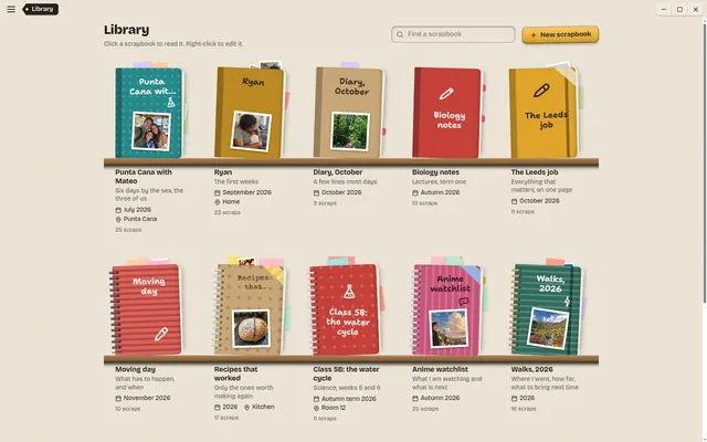 The Library: ten scrapbooks standing on two wooden shelves, each with a name and a date