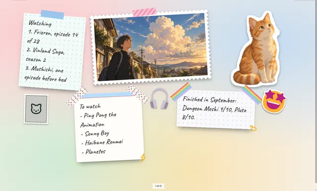 A watchlist page with shows in progress, shows to watch and a cut-out cat sticker