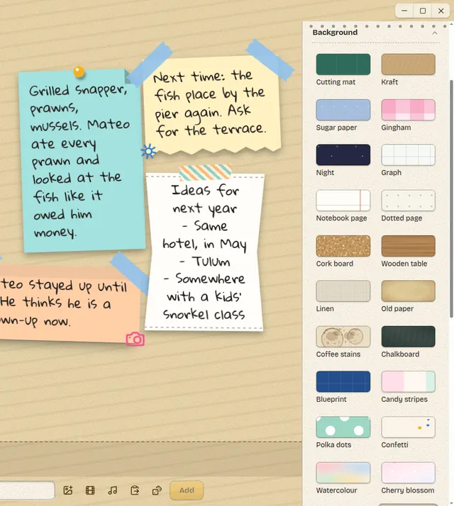 The Background section open, showing a grid of page backgrounds: cork, wood, old paper, chalkboard and more