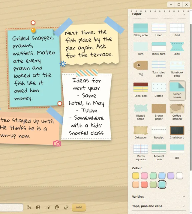 A note selected with the Paper section open: sticky notes, torn pages, receipts and ledger paper to choose from