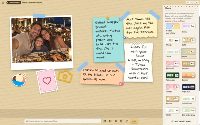 Customize: a panel on the right lists themes such as Anime, Café, Beach and Vacation beside the page