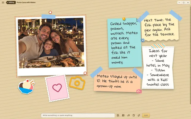 Edit mode: the same page with a photo selected, showing its turn and resize handles, and the add row along the bottom