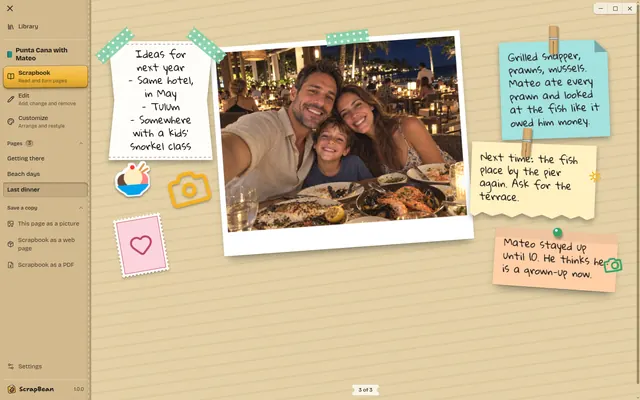 The side menu open on Save a copy, offering This page as a picture, Scrapbook as a web page and Scrapbook as a PDF