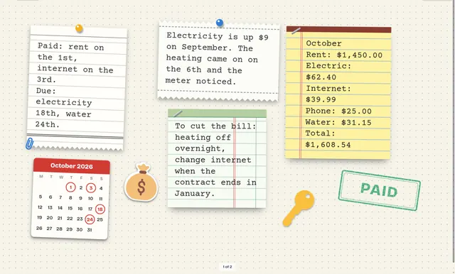 Household bills for October on receipt and ledger paper, stamped Paid