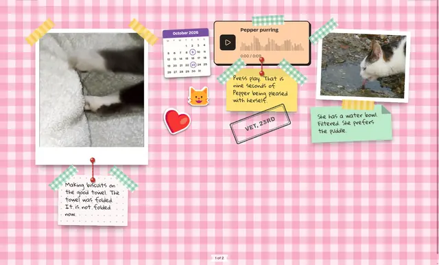A page about a cat called Pepper: two animated pictures, a cassette that plays her purring, notes tied to them with thread