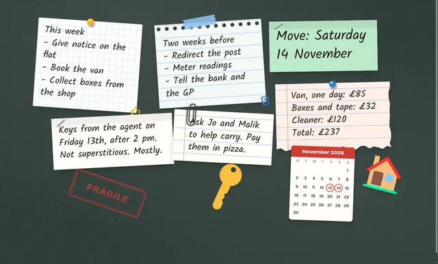Moving day plan: to-do lists, a van budget and a calendar with the move circled