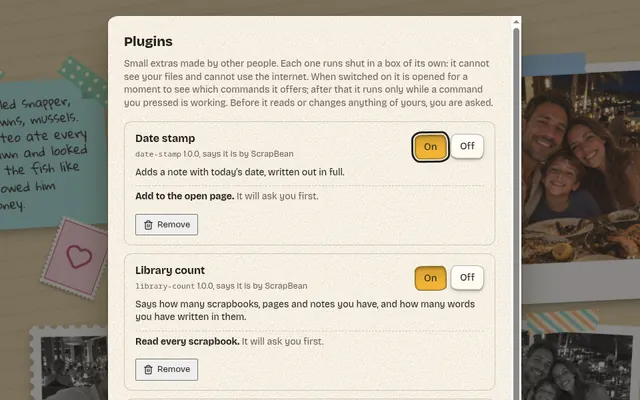 The Plugins page: each plugin with its name and id, an On and Off switch, what it may ask you for, and a Remove button