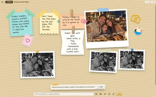 A dinner page after the Picture converter plugin ran: a black-and-white copy of the family photo sits beside the original, with a message offering Undo