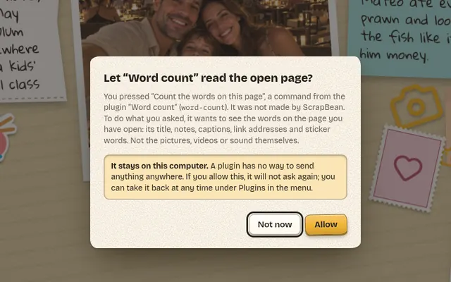 A question from the app: Let Word count read the open page? It explains exactly what the plugin would see, with buttons Not now and Allow