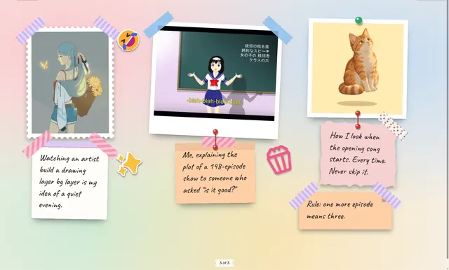 A reaction folder: three animated pictures, each with a joke written on a note beside it