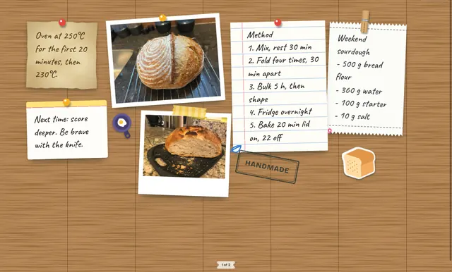 Recipe page for weekend sourdough with photos of the loaf, the ingredients and the method