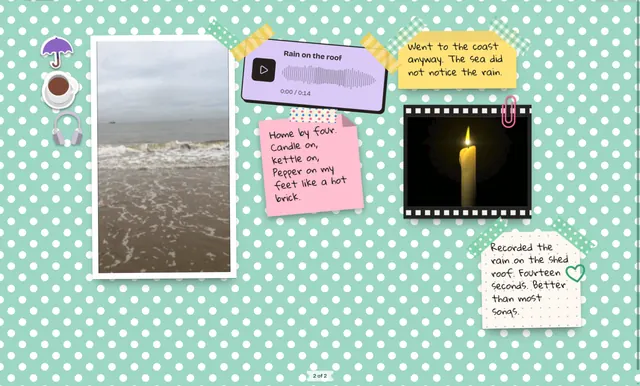 A page with a sound scrap called Rain on the roof, drawn as a row of bars with a play button, beside notes and animated pictures
